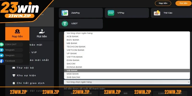 Game thủ có thể sử dụng nhiều ngân hàng để thực hiện nạp tiền 23WIN